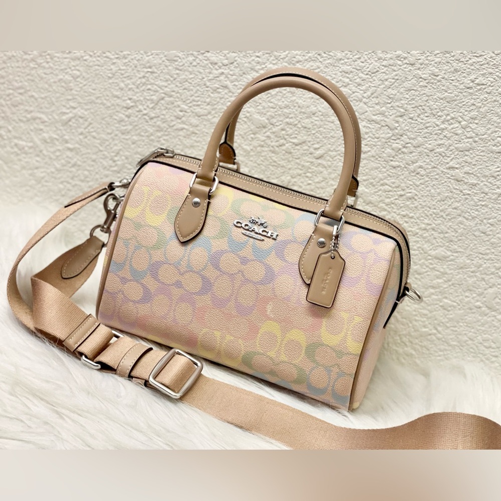 NWT Coach Rowan Satchel Bag In Rainbow Signature Canvas CDA90 Sand Multi - Picture 3 of 11